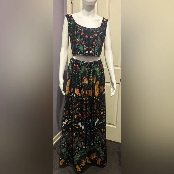 Coramoon Sz M Black Mystical Tropical Fern Print Cropped Top And Skirt Set Boho - Picture 2 of 7